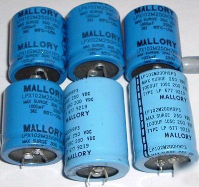 New 6 nos mallory capacitor 1000UF @ 250V / 200V usa