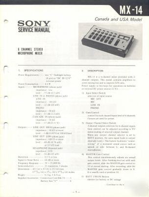 Sony original service manual 6CH mic mixer MX14 mx-14
