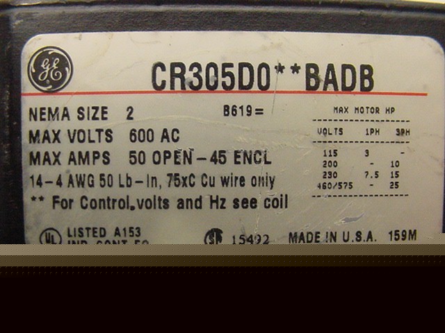 Ge CR305D0 contactor 3POLE 50/45 amp 600VAC 120V coil