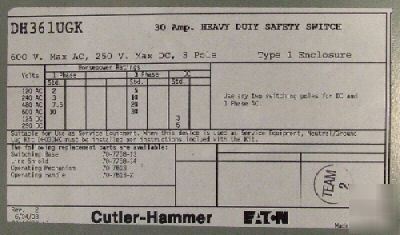 Cutler-hammer DH361UGK safety power switch 3-pole 30A