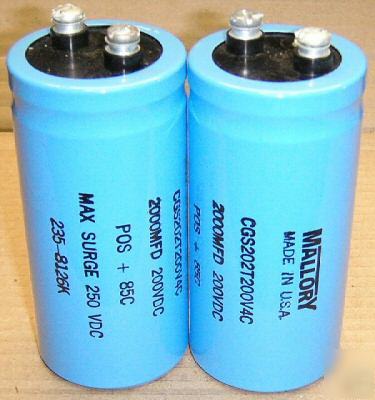 Mallory 2,000MFD 200VDC capacitors w/screw terminals