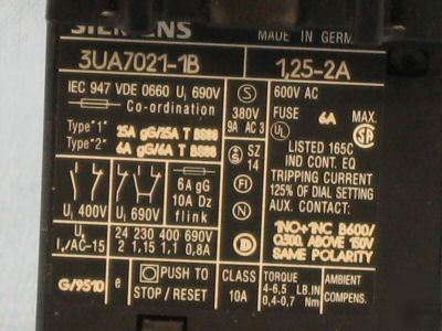 Siemens overload relay 3UA70 21-1B 3UA7021-1B