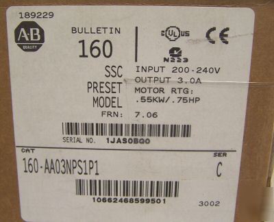 New allen bradley ssc preset model 160-AA03NPS1P1 .75HP