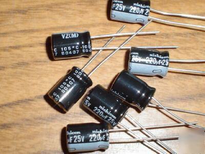 New 100 nichicon 25V 220UF hi temp radial capacitors 