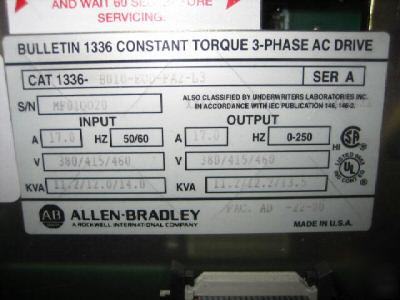 Ab allen bradley ac drive 1336-B010-E0D-FA2-L3 10 hp