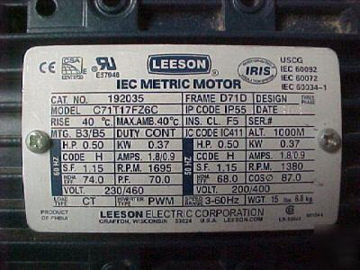 Leeson electric motor, 1/2 hp, 3 phase 230V 460V 