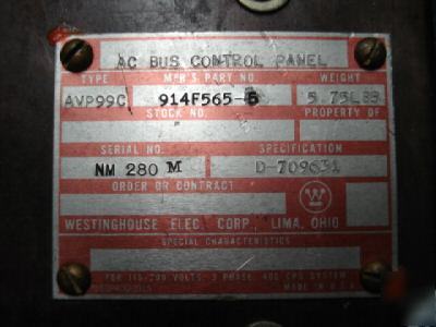 Westinghouse ac bus control panel 914F565-5 aviation 