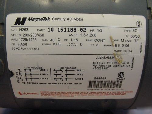 Magnetec century 1/3 hp ac motor 1725 rpm, 3PH, nice 