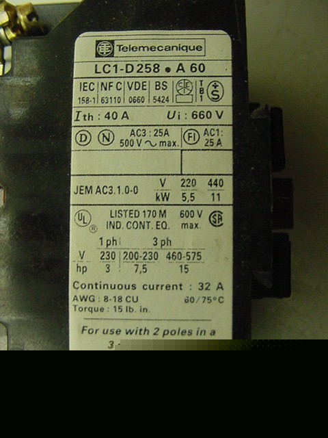 5 telemecanique LC1-D258 contactors 40A 600VAC 220-240V
